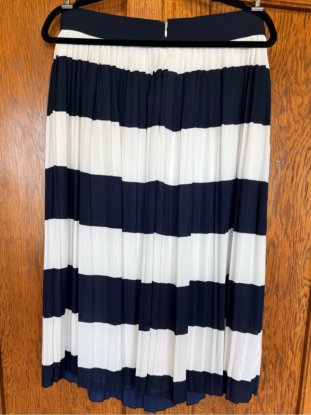 J. Crew Navy and White Pleated Horizontal-Stripe Midi Skirt
